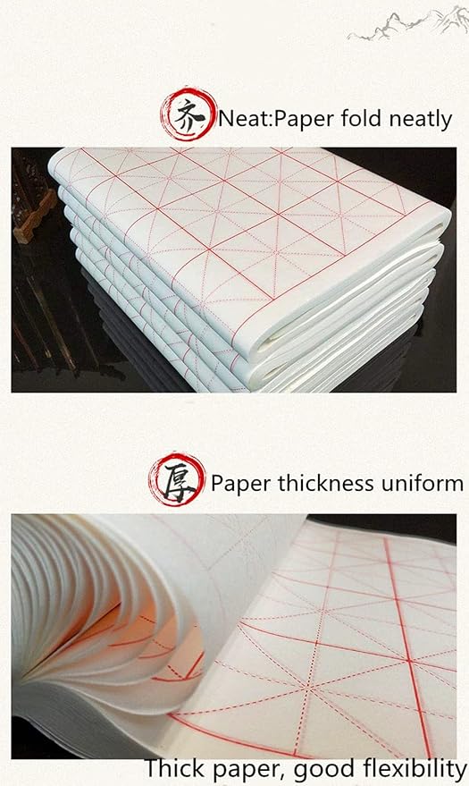 MEGREZ Chinese Calligraphy Xuan Paper Brush Writing Sumi Paper Xuan Paper Rice Paper with Grids for Students, Beginners Practice Kanji Japanese Calligraphy, 100 Sheets/Pack, 7.5cm/Grid