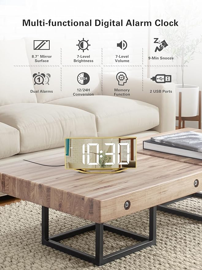 Digital Alarm Clock for Bedrooms, Slim LED Desk Clock with Gold Mirror Finish, 7 Levels Brightness, Dual USB Ports, Snooze, 12/24H, 8.7" Large Display Modern Bedside Clock for Home Office Decor