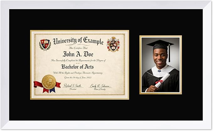 CountryArtHouse Fits 11.69 x 8.27 A4 Certificate and 5 x 7 Photo Diploma and Photo Frame Bright White Genuine Hardwood with Black Over Metallic Gold Double mat