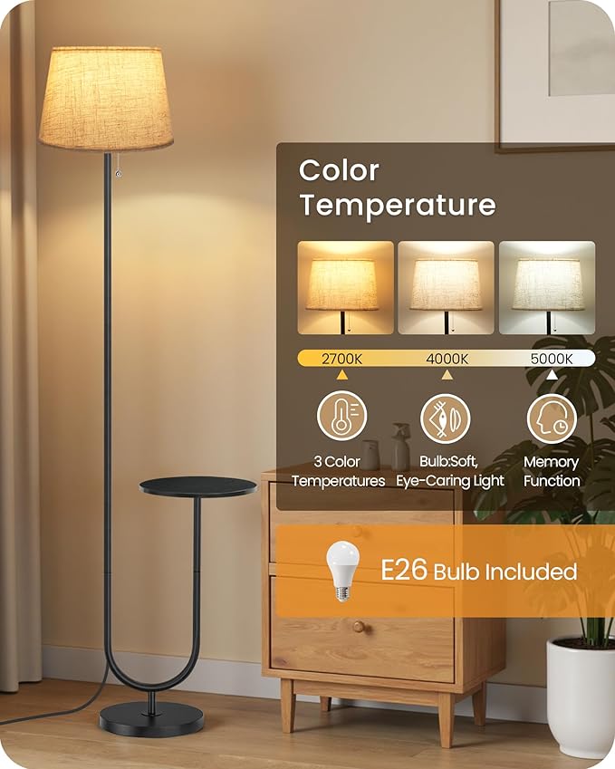 Floor Lamp with Side Table, Standing Lamp for Living Room with Tray, Pull-Chain Switch, for Living Room, Bedroom, 3 Color Temperatures, 9W LED Bulb Included, Black and Beige BE21LD05