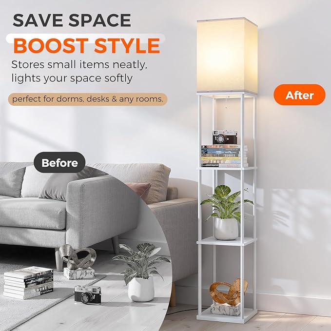 FOLKSMATE Floor Lamp with Shelves, 3-Tier Modern Square Bookshelf Floor Lamp, 3 Color Temperature Bulb Included, Floor Lamps for Living Room Bedroom Corner - White