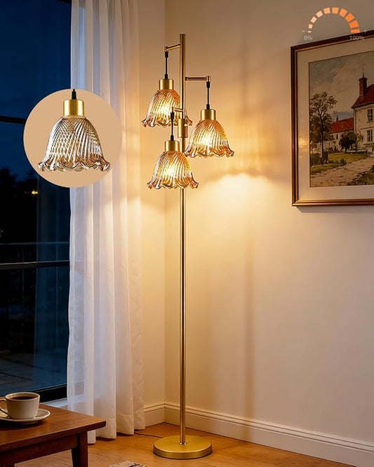 Glass Floor Lamps for Living Room, 3-Light Gold Dimmable Floor Lamp with Brown Glass Shade& Bulbs Included, Mid Century Standing Tall Lamp for Bedroom/Sofa Beside/Corner Decor