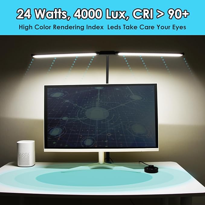 LED Desk Lamp with Two Heads, Clamp On Desk Lamps, 24W, 4000 LMS, CRI>90, 5 Color Modes (2600K-6500K), 10 Brightness Levels, Adapter Included