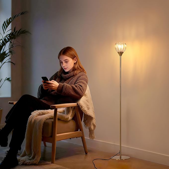 Floor Lamps for Living Room, Bedroom, Nickel Standing Lamp with 12W Bulb, Vintage Floor Lamp for Reading, Nursery, Corner (White Tulip)