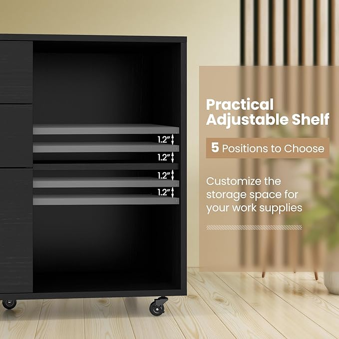 LOKO 3-Drawer File Cabinet, Mobile Printer Stand Cabinet with Adjustable Shelf, Rolling Lateral Filing Cabinet with Wheels for Letter, A4, Legal Size, for Home Office Organization (Black)