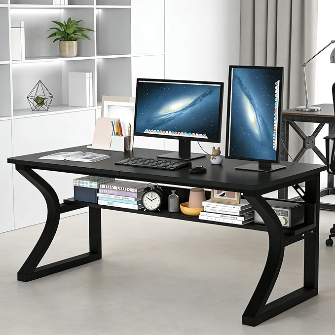 StarGraph Computer Desk 47 Inch Large Computer Desk with Storage Shelf Home Office Desk with C Shaped Metal Frame Writing Work Study Student Home Bedroom Office (Black, 47inch)