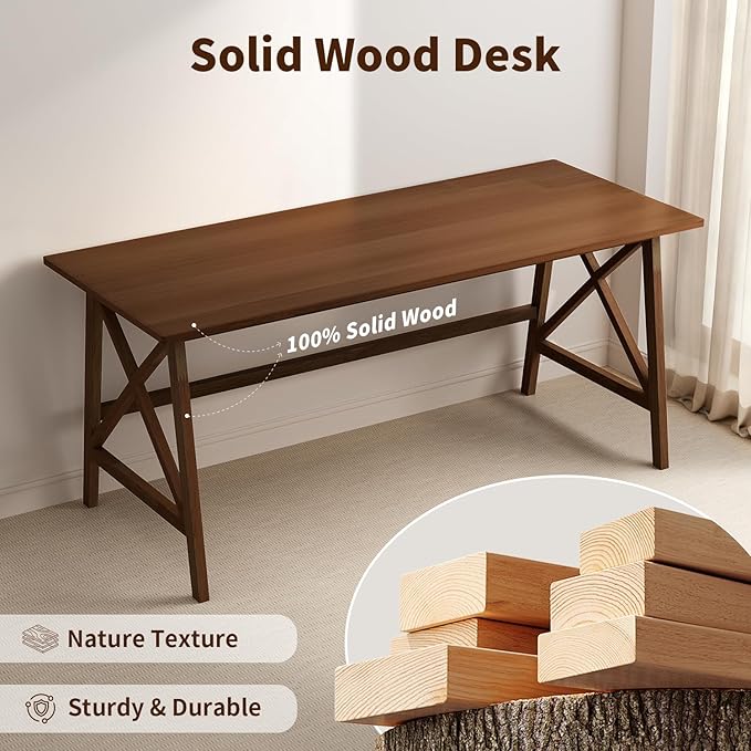Modern Solid Wood Desk - 54" Simple Computer Table for Home Office Study Writing Workstation in Walnut, 54" W x 24" D