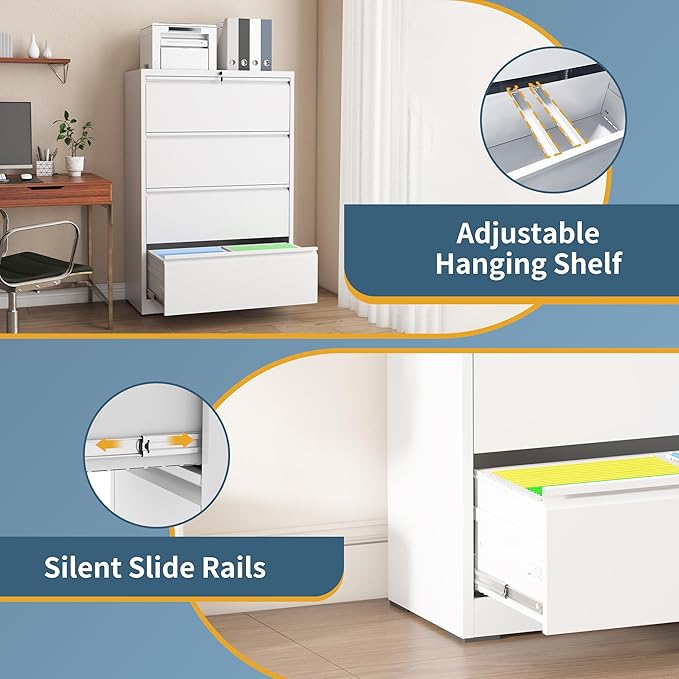 4 Drawer File Cabinet with Lock, Lateral Filing Cabinets,Metal Storage Filing Cabinets for Home Office, Heavy Duty File Cabinet for Letter/Legal/A4/F4 Size Amsseble Required, White