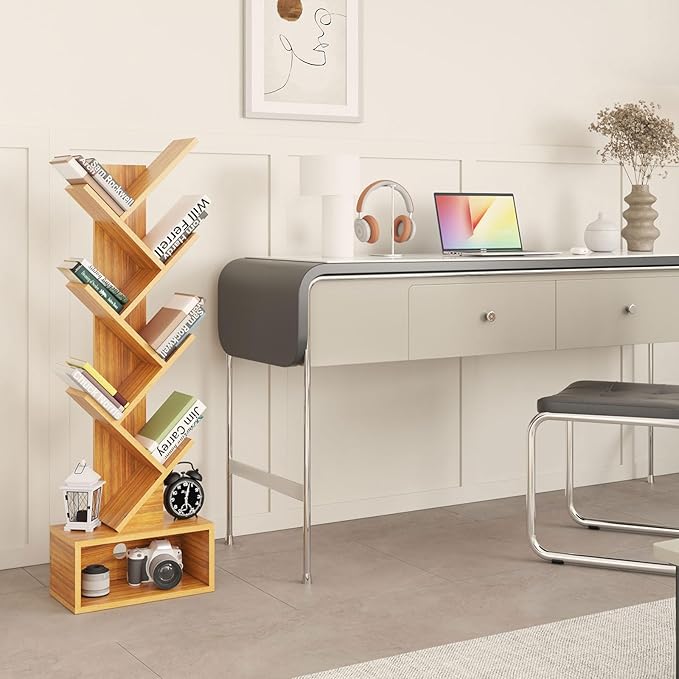 YMYNY 6 Tier Tree Bookshelf, Tall Bookcase, Wood Book Storage Rack with Drawer, Modern Floor Standing Book Shelf for Books/Movies/CDs, Utility Organizer for Living Room, Home Office, Natural UHBC016N