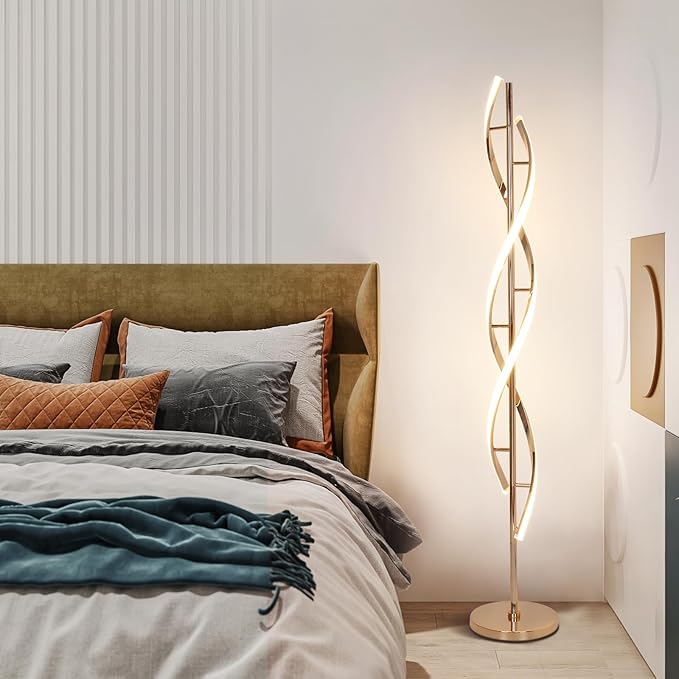 LED Modern Floor Lamp for Living Room, 40W 3 Colors Stepless Dimmable and Color-Changing Bright Floor Standing Lamp,60" Unique Spiral Floor Tall Lamp for Bedroom Office with Remote,Gold