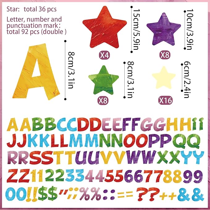 Containlol 188 Pcs Bulletin Board Borders Letters Stars Cutouts Set Include 59ft Poster Board Trims, Alphabet Letter Star Number Punctuation for Classroom(Oil Painting Color)