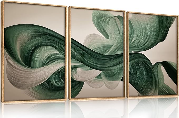 KAIRNE Green Abstract Wall Art Set of 3, Minimalist Green Lines Wall Decor, Modern Flowing Texture Painting for Living Room, Bedroom, Office, Framed Easy to Hang 24x36 Inches