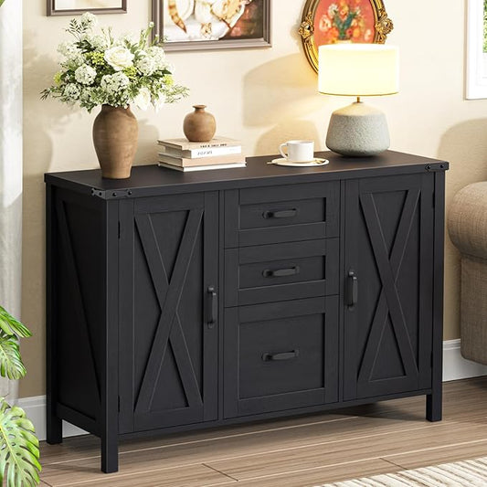 Farmhouse File Cabinet with Doors, Lateral Filing Cabinet with 3 Drawers for Letter/A4 Size Hanging Files, Large Wooden Printer Stand with Adjustable Shelves for Home Office, Rustic Black