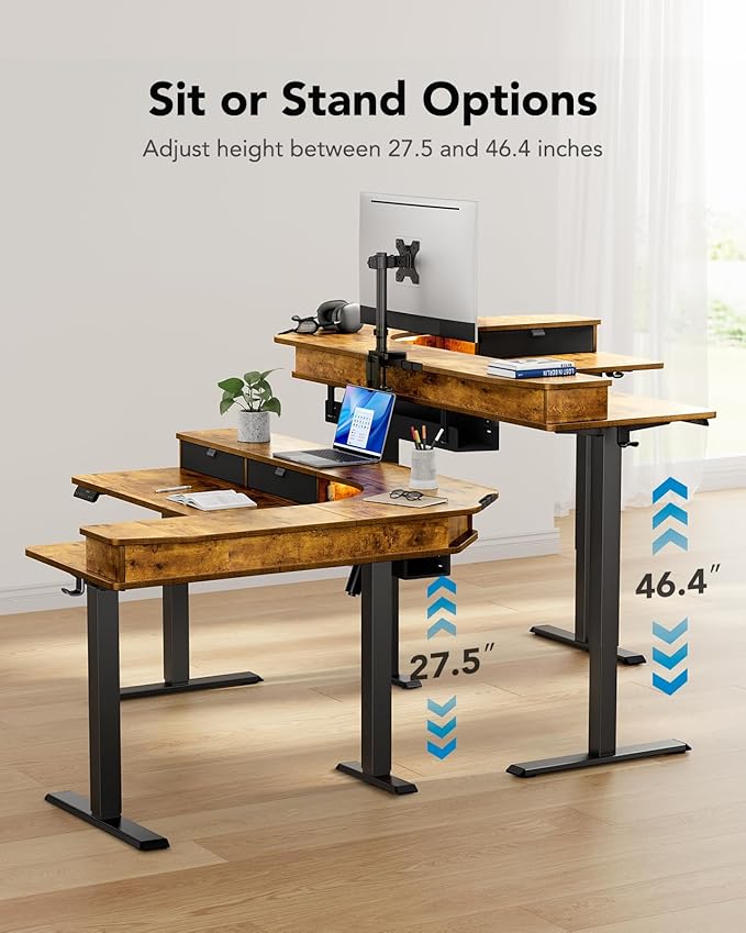 HUANUO 65″ L-Shaped Standing Desk with Power Outlets & LED Strip, Electric Height Adjustable Corner Computer Desk, Sit Stand Up Desk with 3 Drawers, Vintage Brown