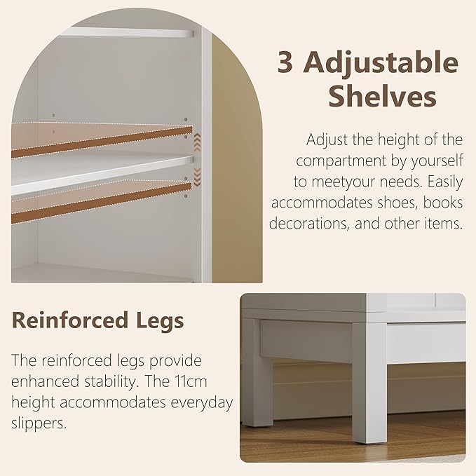 Tall Arched Bookshelf, 7-Tier Bookcase with 3 Adjustable Shelves, Modern Farmhouse Storage Shelf for Living Room, Entryway, Office, 29.5" W x 70.1" H x 13.8" D, White