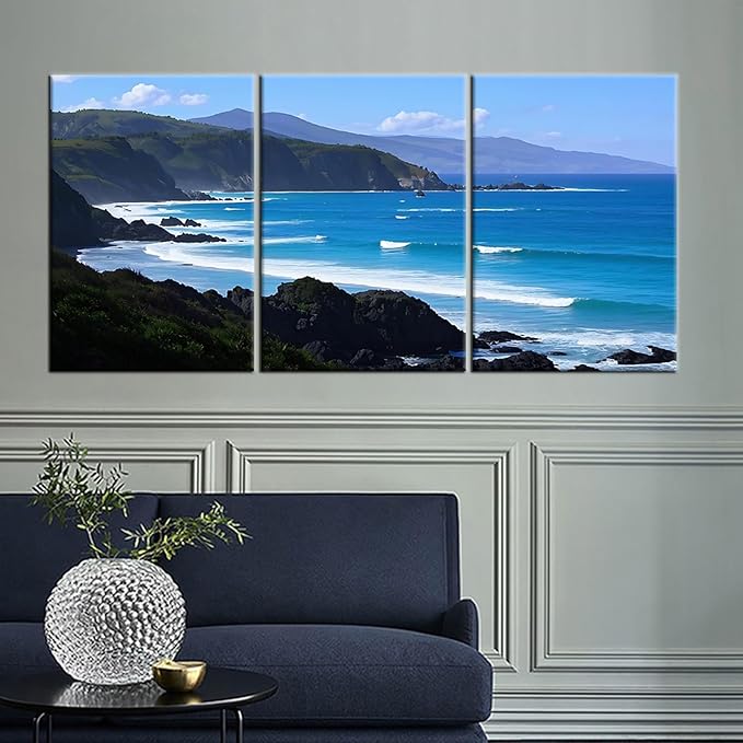 Beautiful Coastline Landscape Poster Print for Office Wall Decor Ocean Scenery Canvas Wall Art Nature Landscape Summer Wooden Framed Painting Artwork for Living Room Hotel Ready to Hang [60''Wx28''H]