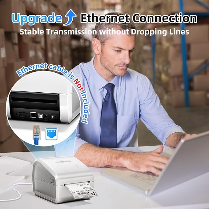 Bluetooth Thermal Label Printer 4x6, Wireless Thermal Labels Printers for Small Business, D550 Pro White Ethernet Shipping Label Printer, Support Bluetooth/Ethernet/USB