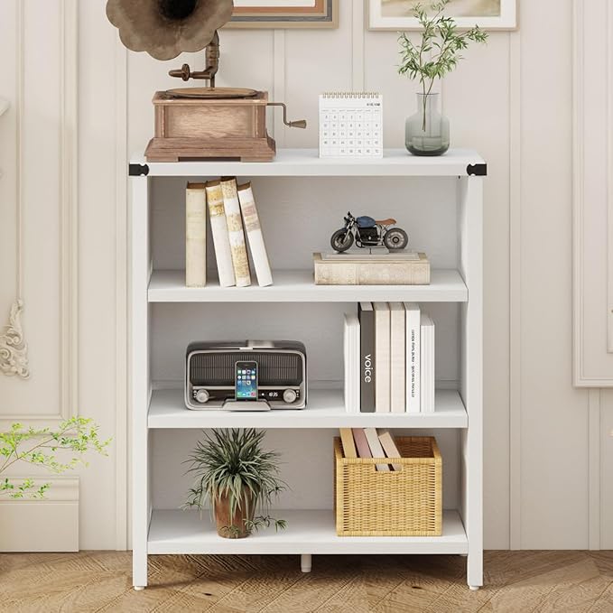 BON AUGURE White Bookshelf, 3-Tier Wooden Bookcase with Adjustable Shelves, Small Farmhouse Floor Book Cases/Shelves with Open Storage for Home Office School Library Bedroom Kids