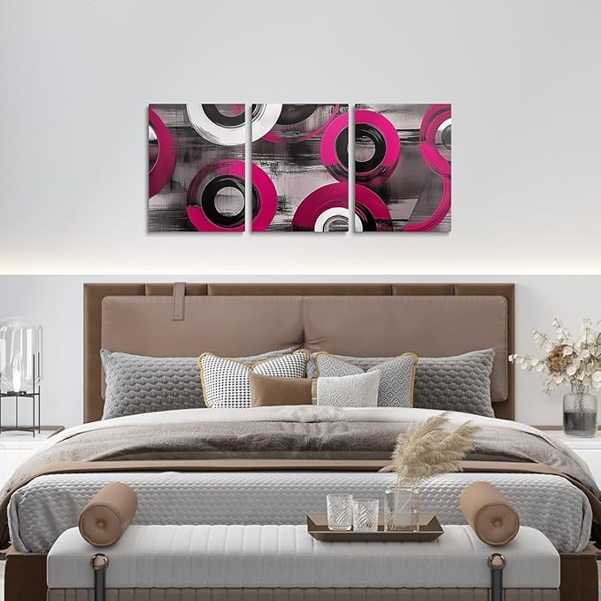 jejeloiu 12"x16"x3pcs Hot Pink Geometric Office Decorations Artwork Posters Boys Girls 3 Piece Canvas Wall Art for Living Room Bedroom Abstract Art Picture Wall Decor