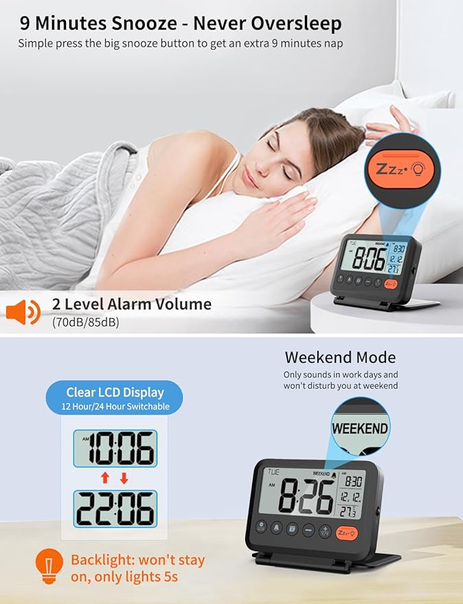 Digital Travel Alarm Clock, Black, 3.54 inch LCD Display, 9-Minute Snooze, 2 Volume Levels, Backlight, Battery Included