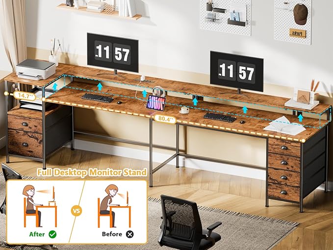 Furologee 95" Two Person Computer Gaming Desk, Long 2 Person Home Office Desk with 6 Drawers & Storage Shelves, Double Table with Power Outlets, LED Lights and Full Monitor Shelf, Rustic Brown
