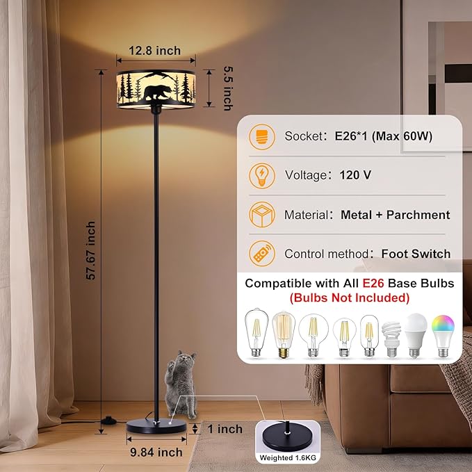 Mid Century Modern Floor Lamp,Unique Deer Bear Black Farmhouse Drum Gothic Floor Lamp with White Parchment,57.67" Tall Metal Rustic Standing Light for Living Room,Bedroom,Home,Office,Corner