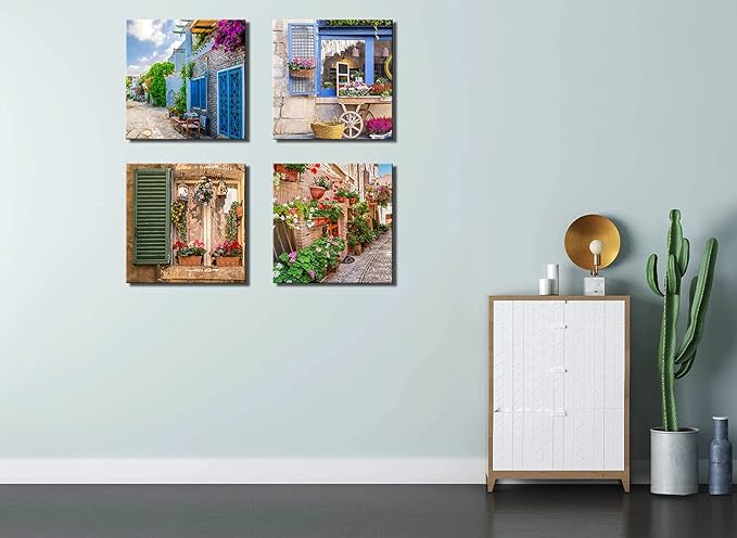 OKEXCKK Tuscan Wall Art Decor, Italy Window View Paintings Nature Landscape Pictures Mediterranean Street Canvas Prints for Bedroom, Living Room, Office Wall Decoration