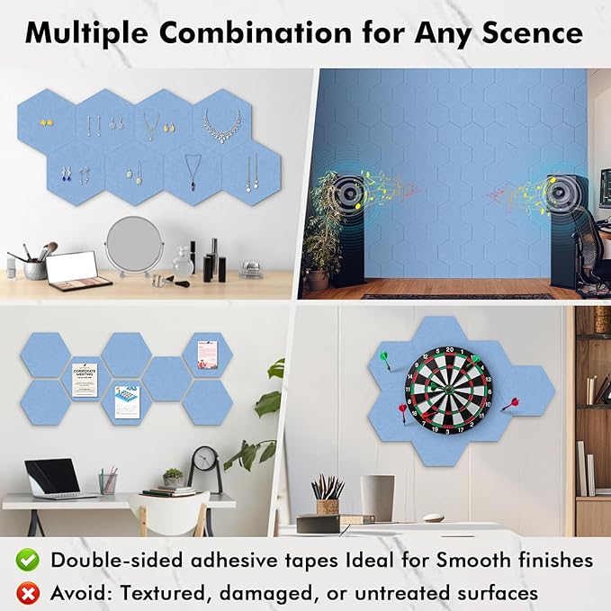 8-Pack Hexagon Felt Cork Board, 1/2" Thick Felt Bulletin Pinboard with 80 Push Pins, Adhesive Tabs, Geometric Cork Wall Tiles for Photos, Memos, Home & Office Decor (Sky Blue)