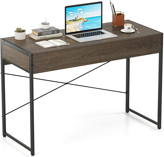 Giantex Computer Desk with 2 Drawers, 44 Inch Home Office Desk with Anti-Toppling Device & Metal Frame, Compact Laptop PC Table, Vanity Table, Modern Study Writing Desk for Small Spaces (Grey Oak)