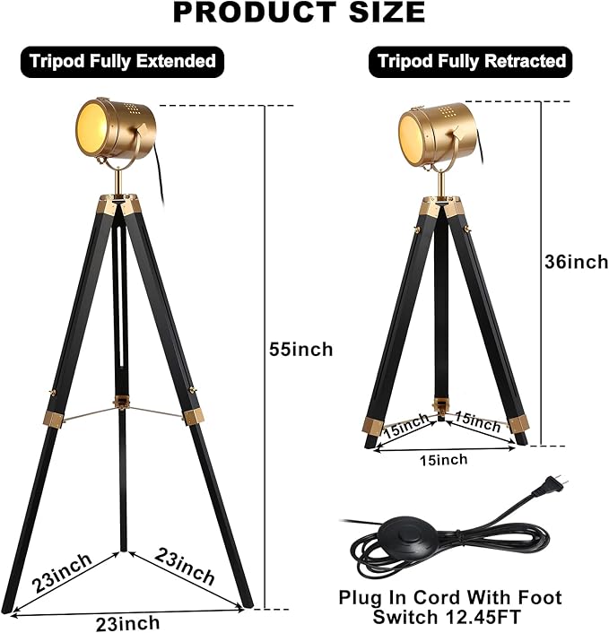 Mordern industrial tripod floor lamp for living room, bedroom office, vintage gold brass standing reading light floor lamp with camera tripod wood, rotatable nautical spotlight standing lamp black
