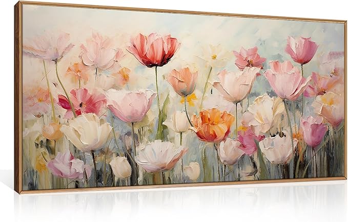HPNIUB Large Nature Wildflowers Framed Wall Art Pink Floral Canvas Oil Painting Modern Aesthetic Wall Decor Abstract Flower Artwork for Living Room Bedroom Decor -20"x40"