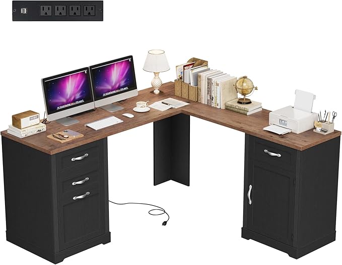 HIFIT Farmhouse Executive L Shaped Desk with Power Outlets, 60" Corner Computer Desk with 3 Storage Drawers & 2 File Cabinets, L Shaped Home Office Desk for Study,Black