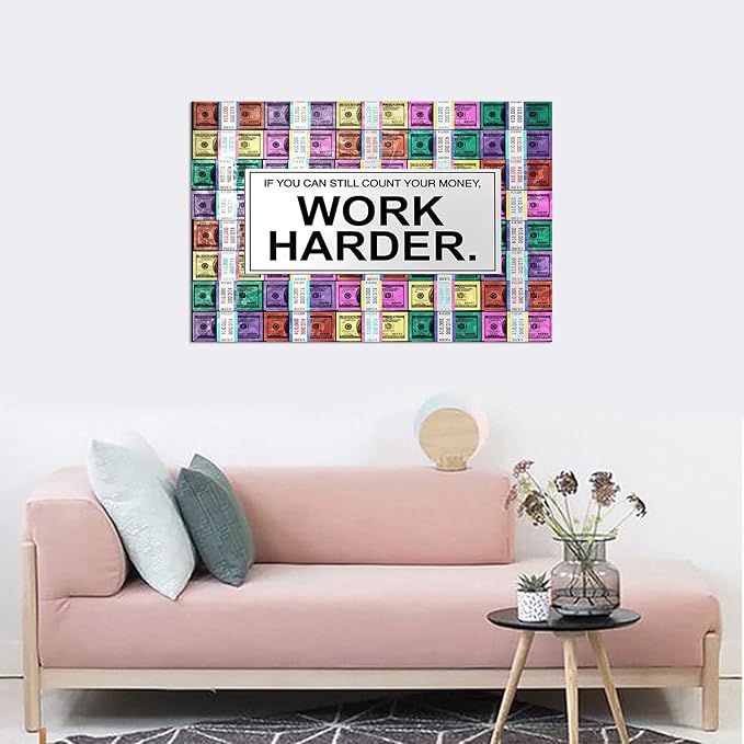 Motivational Framed Art Abstract Colorful Money with Work Harder Positive Quotes Modern Home Decor Office Wall Decorations Study Room Corridor Decor Framed Ready to Hang, 36" Wx24 H