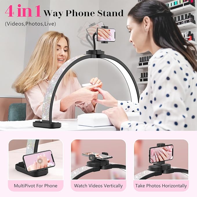 Half Moon Manicure Table Light: 31-inch Half Moon Light For Nail Desk With Phone Holder - AB Crystal Nail Tech Lamp For Beginner DIY - 48W Professional Nails Bright Desk Lamp for Salon,Lash,Tattoo