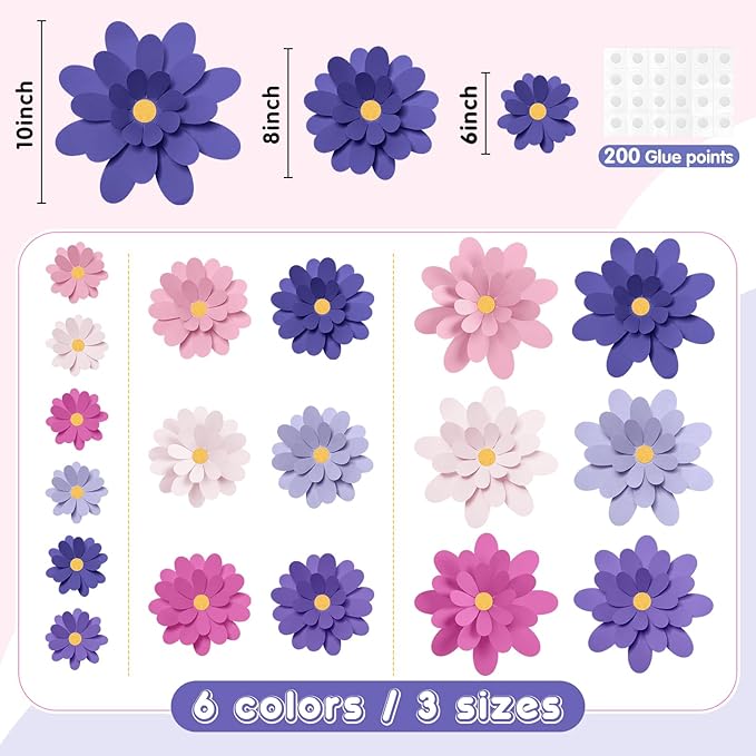 18 Pcs Paper Flowers Decorations for Wall DIY Flower Bulletin Board 3D Fiesta Paper Floral Backdrop Decoration for Photo Backdrop Classroom Back to School Party(Pink Purple Series)