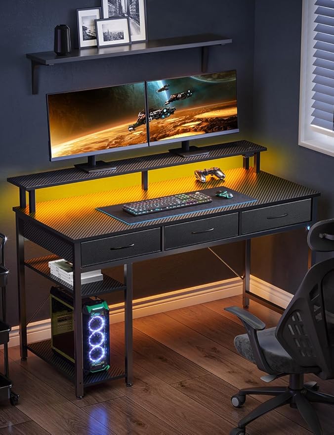 Rolanstar Computer Desk with Power Outlets & LED Light, 39 inch Home Office Desk with 3 Drawers and Storage Shelves, Writing Desk with Monitor Stand, Modern Work Desk for Home Office, Carbon Black