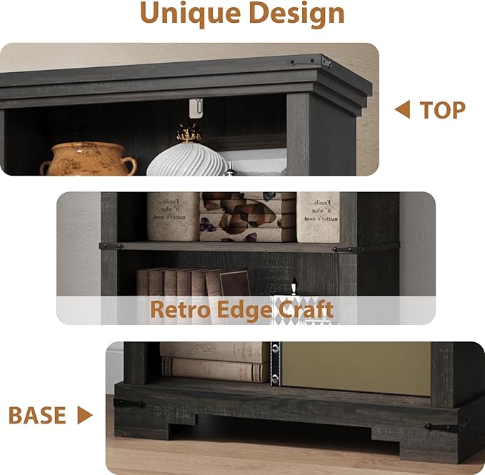 6-Tier Farmhouse Bookshelf, 73 inch Tall Book Shelf with Unique Design & 2 Adjustable Shelves, Wooden Bookshelf for Study Room, Living Room, Kitchen, Bedroom (Black)