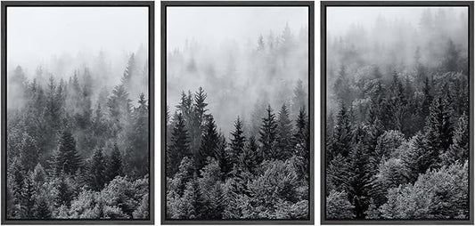 SIGNWIN Framed Canvas Print Wall Art Set Black & White Misty Mountain Forest Nature Wilderness Photography Modern Art Chic Landscape Relax/Calm for Living Room, Bedroom, Office - 24"x36"x3 Black
