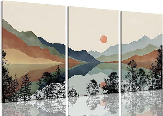 Bwodke Canvas Wall Art Framed Mountain Wall Art Set of 3 Boho Watercolor Nature Landscape Picture Decor Sun Forest Abstract Prints Artwork Painting for Living Room Bedroom Office 12"x16"