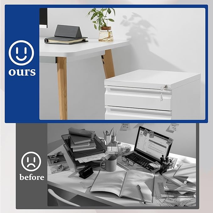 3-Drawer Mobile File Cabinets, Rolling Metal Vertical Filing Cabinet for Legal & Letter File Anti-tilt Design with Lock Fully Assembled Except Wheel, White