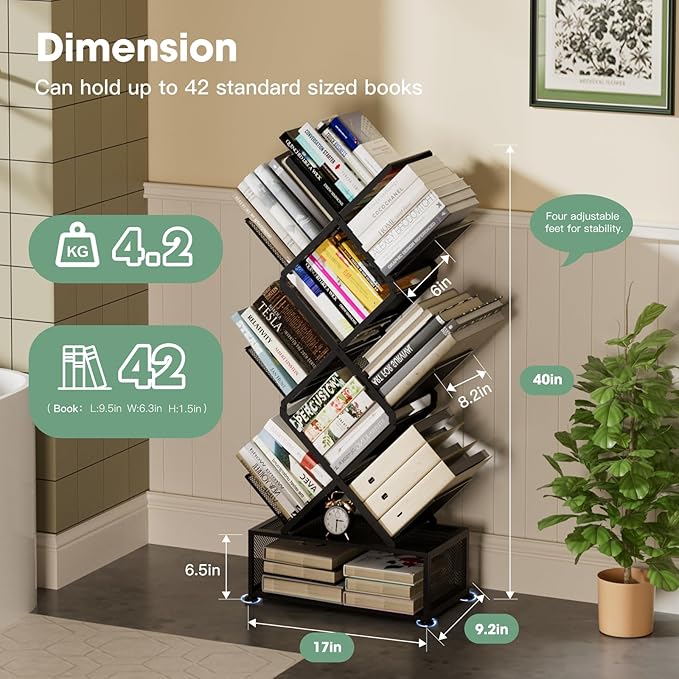 Metal 6 Tier Bookshelf, No Assembly Needed Foldable Bookcase with Storage Cabinet, Sturdy Standing Shelf for Bedroom Office Corner, Black