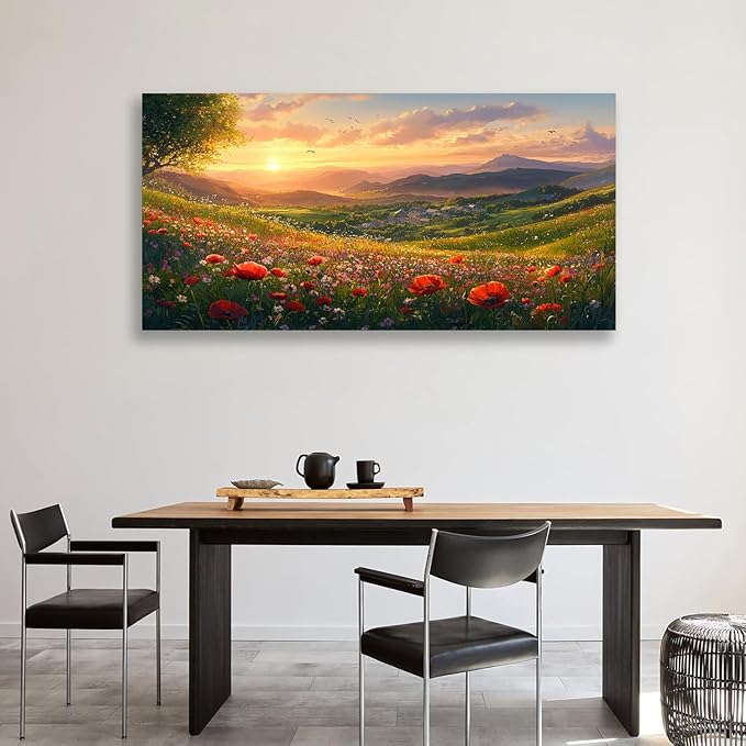 JLXART Wall Art for Living Room Decor Mountain Sunset Landscape Canvas Wall Art with Red Poppies Prints Nature Scenery Artwork Framed Size 20 x 40 in Ready to Hang