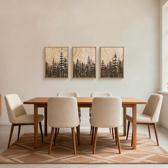 Modern Pine Tree Framed Canvas Wall Art,Natural Woodland Wall Decor,Vintage Brown Rings Painting,Neutral Forest Landscape Artwork for Living Room,Bedroom,Kitchen,Study,Office - 12"x16"x3