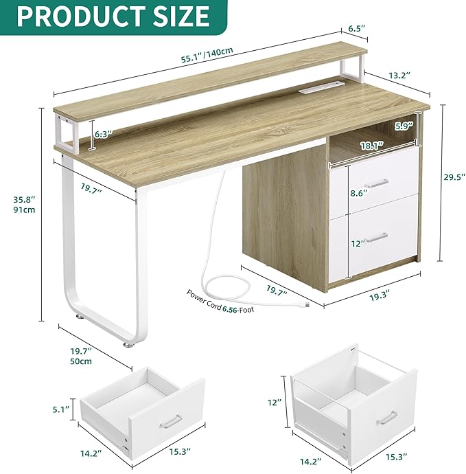 YITAHOME Computer Desk with Drawers, 55" Office Desk with Power Outlets & LED Light, Home Office Desk with Storage Shelves, White & Oak