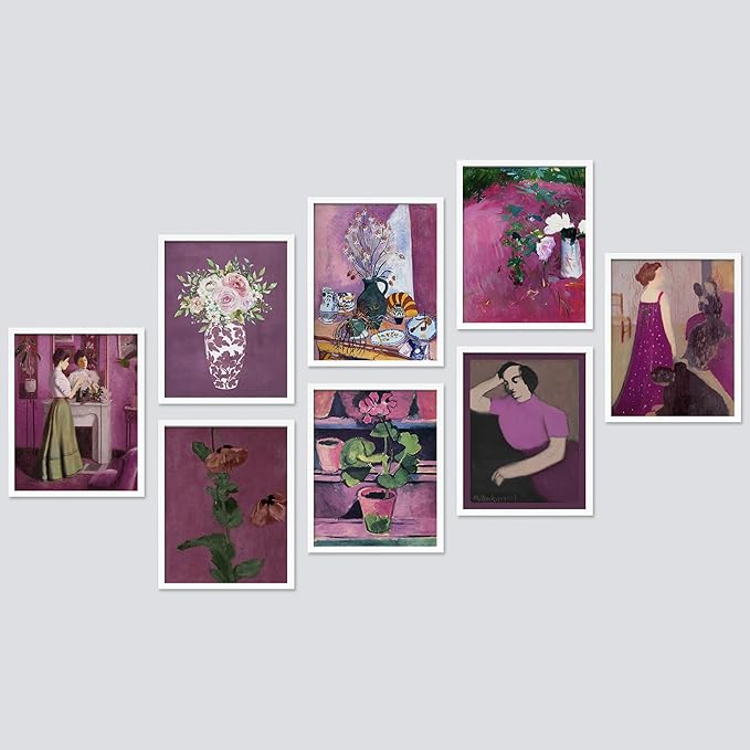 SIGNWIN Framed Poster Bathroom Decor 11"x14"x 8 White, Wall Art Room Decor Multicolor for Living Room, Bedroom, Office Pink & Purple Female Portrait & Flowers Vintage Illustrations Bohemian