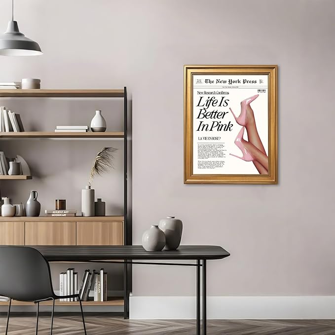 Trendy Baby Pink Hot Girl Poster Life Is Better In Pink Newspaper Wall Art Retro High Heel Picture 70s News Headline Canvas Prints Aesthetic Decor for Girly Bedroom Dorm 12x16inch Vintage Framed