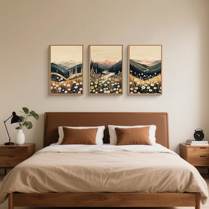 Large Boho Wildflower Framed Canvas Wall Art,Vintage Mountain Wall Decor,Nature Floral Prints,Rustic Daisy Landscape Artwork for Living Room,Bedroom,Dining Room -16"x24"x3