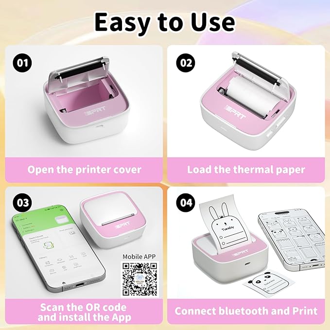 iDPRT Portable Mini Thermal Sticker Printer, Bluetooth Inkless Printers with 1 Roll Sticker Paper, Sticker Machine for Notes, Journal, DIY, Label Printing, Compatible with iOS & Android Phones, Pink