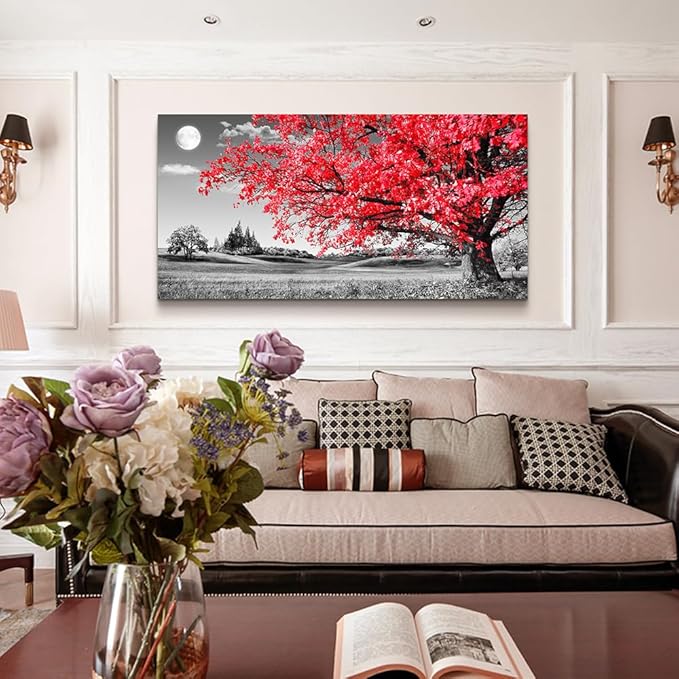 Canvas Wall Art For Living Room Office Wall Decor Bedroom Decor Black And White Landscape Wall Painting Red Tree Wall Pictures Canvas Art Prints Ready To Hang For Room Home Decoration 48 X 24