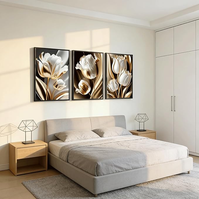 3Pcs Abstract White Gold Floral Wall Art Modern Luxury Minimalism Painting Pictures Wall Decor tulip Plants Posters Prints Artwork for Living Room Bedroom Office Home Decoration 16 x 24in unframed